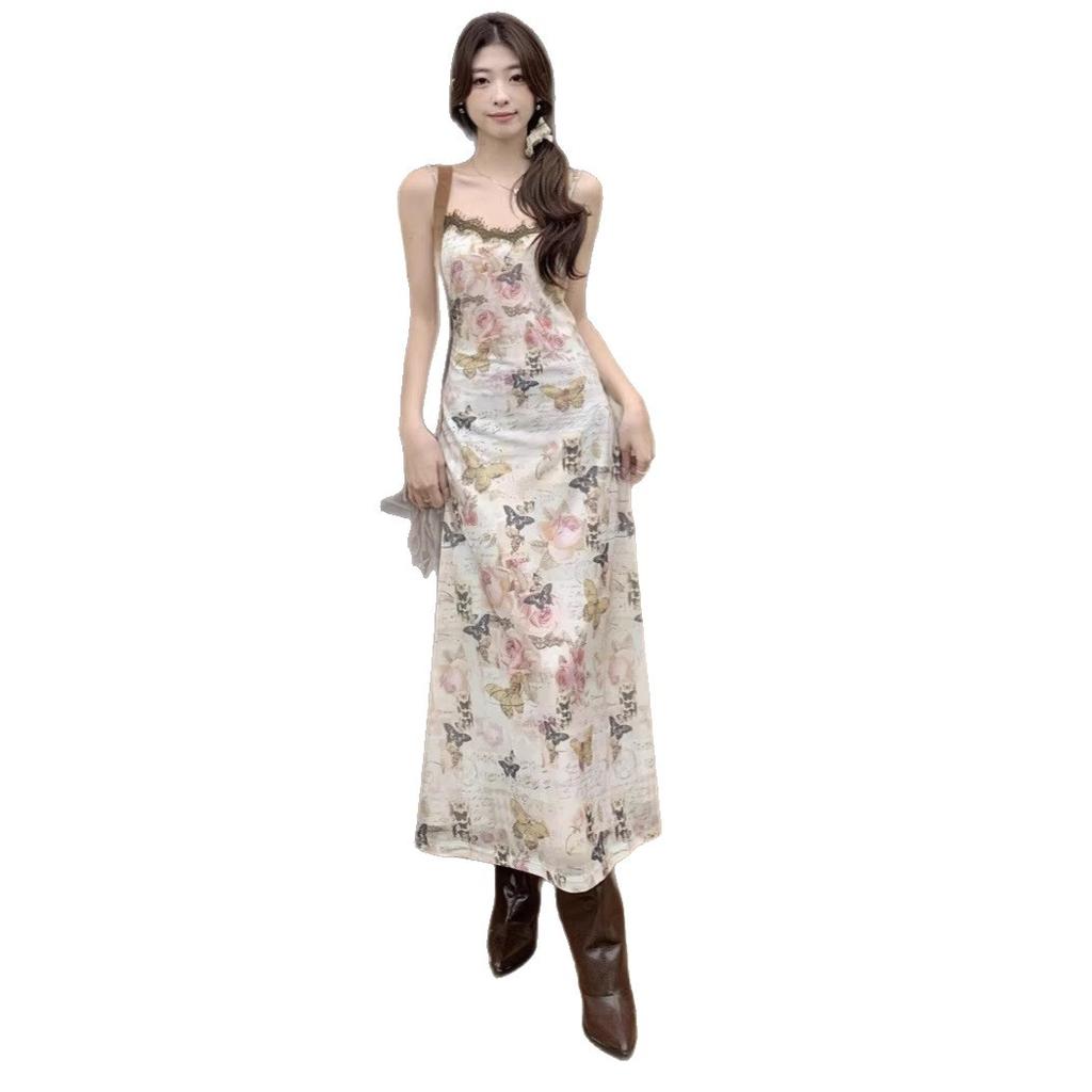 Butterfly Floral Skirt French Suspender Skirt Women's Summer Vacation Style V-neck Dress Slim-fitting Waist Hip Skirt Long Dress