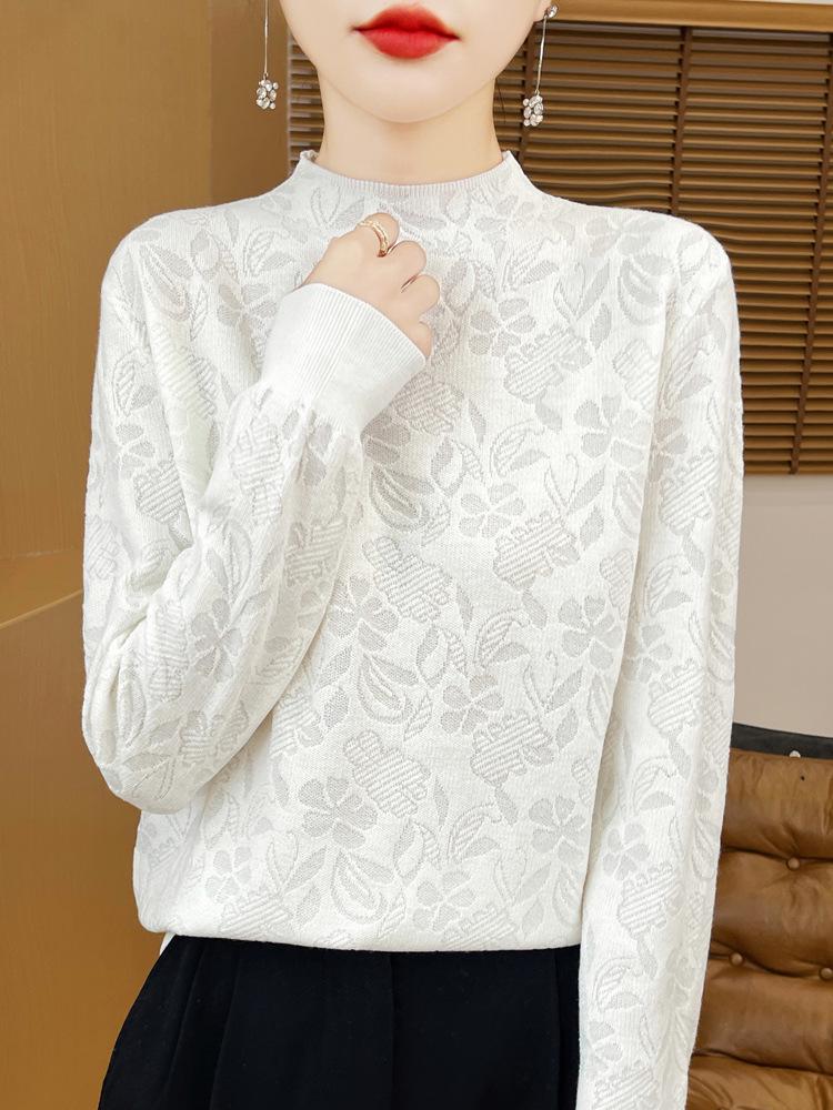 Dark Floral Half-High Collar Sweater for Women - Autumn/Winter Knitwear, Versatile Stylish Base Layer Top