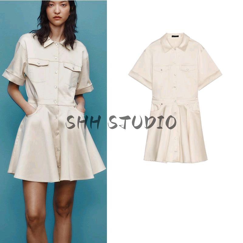 Spring New Women's Clothing French Style Retro Lapels Short Sleeve Back Pleated Wide Hem Short Dress 4661328
