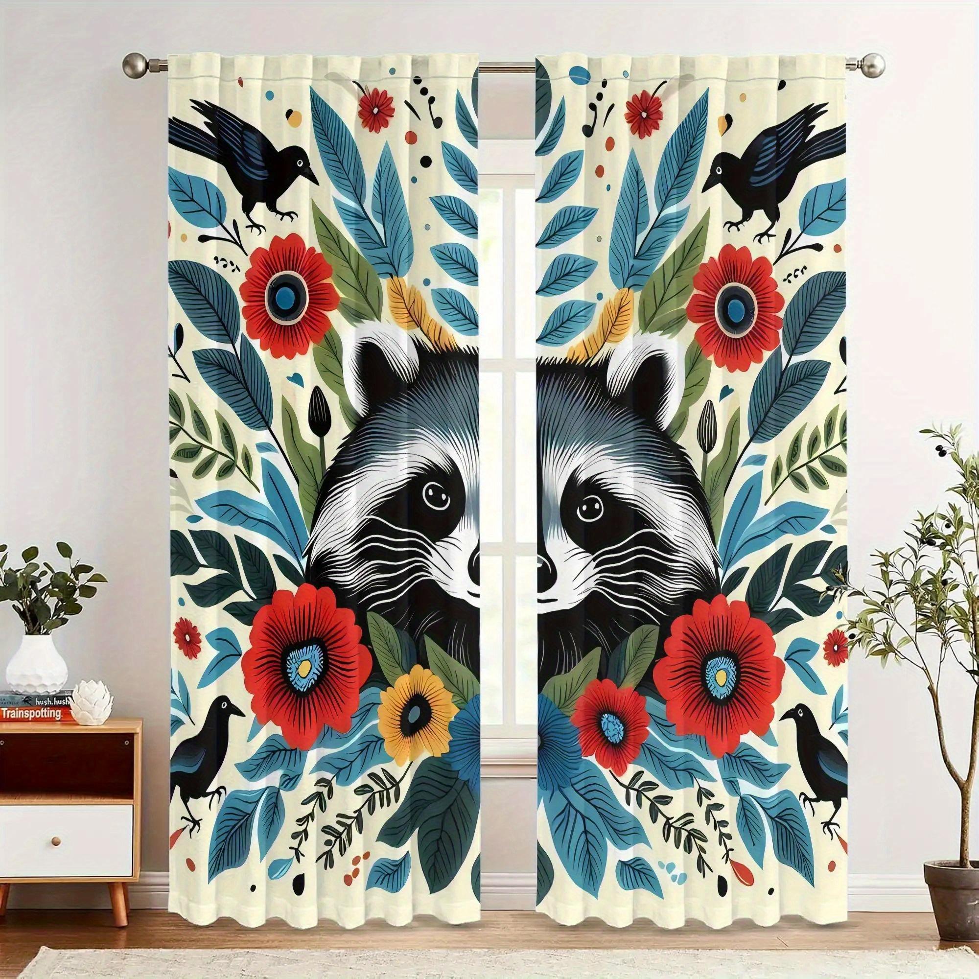

Curtainbiihudu Raccoon Floral Print Curtains Vibrant Blue Black White Design Colorful Flowers Easy Hang Curtain With Rod Pocket Polyester W100*H70(CM)-Hooks&1PCS