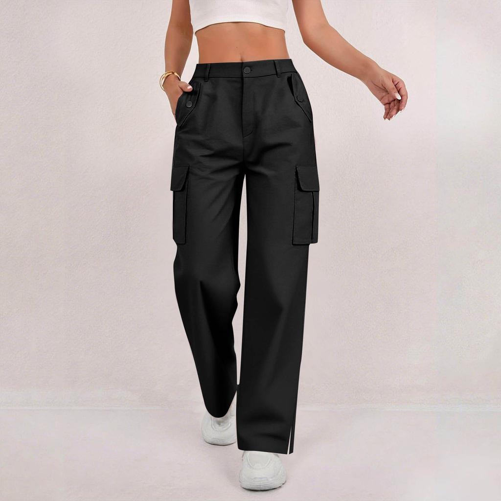 Women's Fashion Relaxed-Fit Pocket Straight-Leg Pants Sporty Wide-Leg Pants High-Waisted Casual Cropped Pants