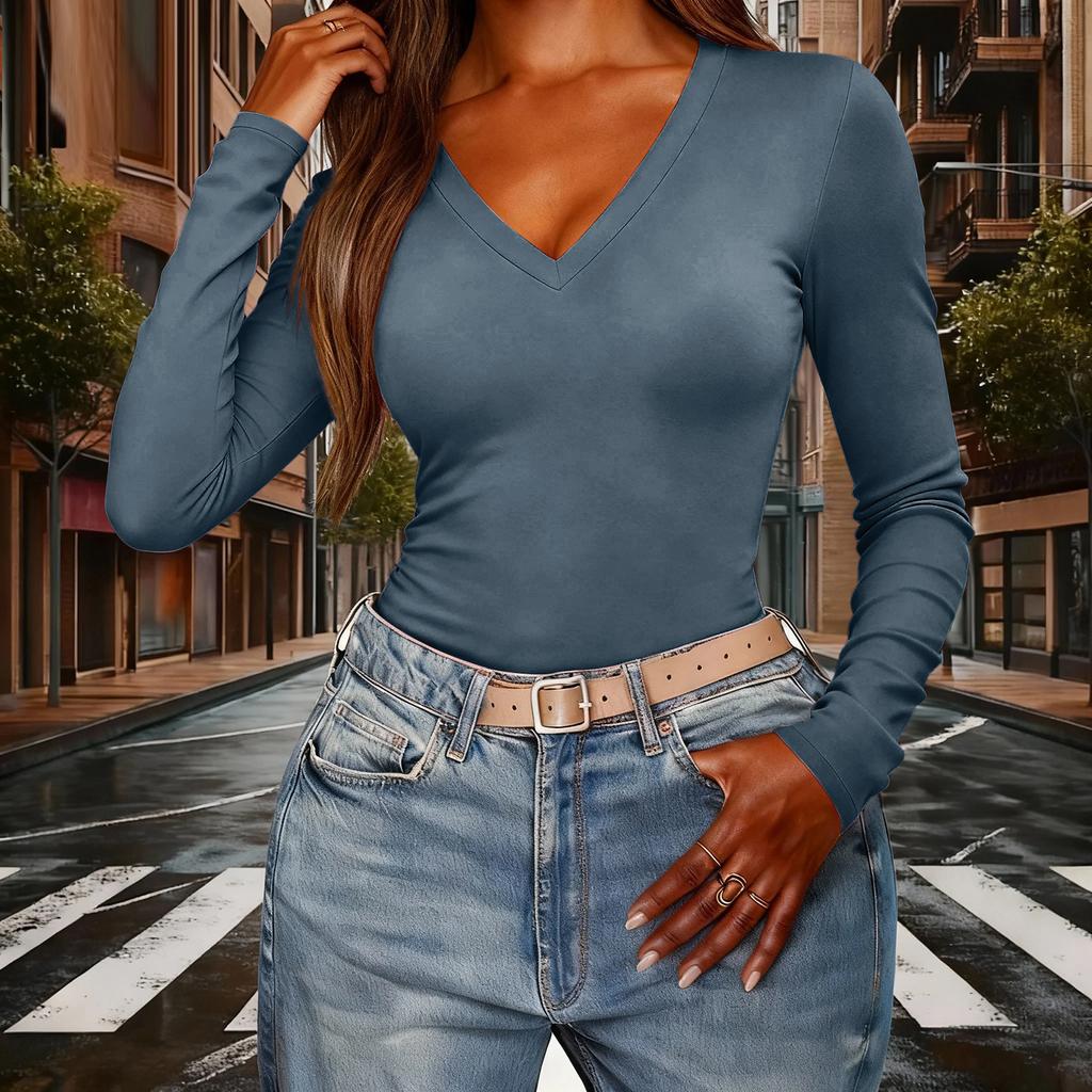 Women's Color V,Neck Slim,Fit Long,Sleeve Top