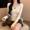 Sweet and spicy collar lace bow long-sleeved T-shirt women's spring splicing top bottoming shirt