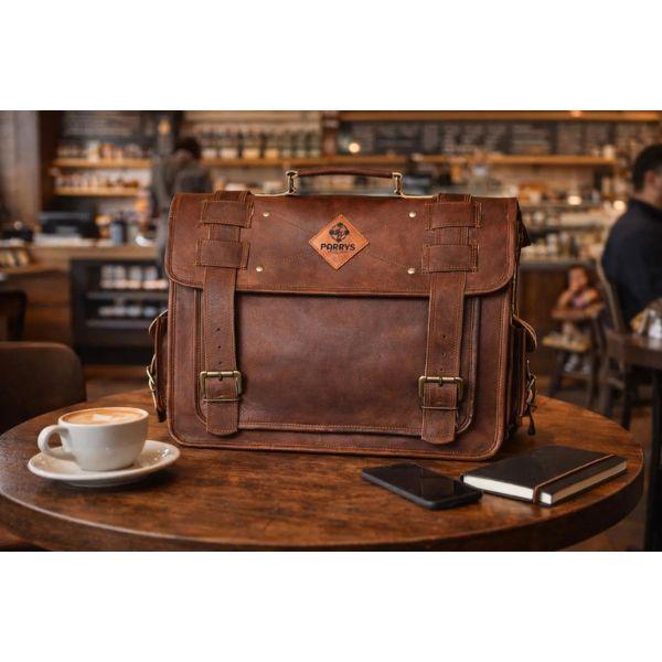 Handmade Full Grain Leather Messenger Bag by Parrys Leather World, Vintage Laptop Briefcase for Work