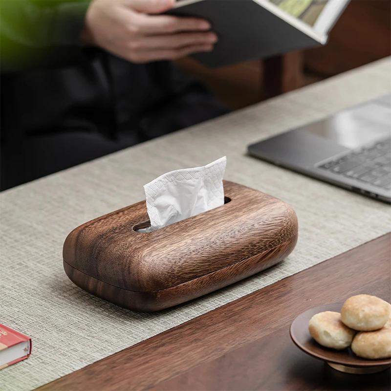 Solid Wood Tissue Box New Chinese Style Walnut Color Tissue Holder Tea Room Zen-Inspired Desktop Decor Tissue Organizer