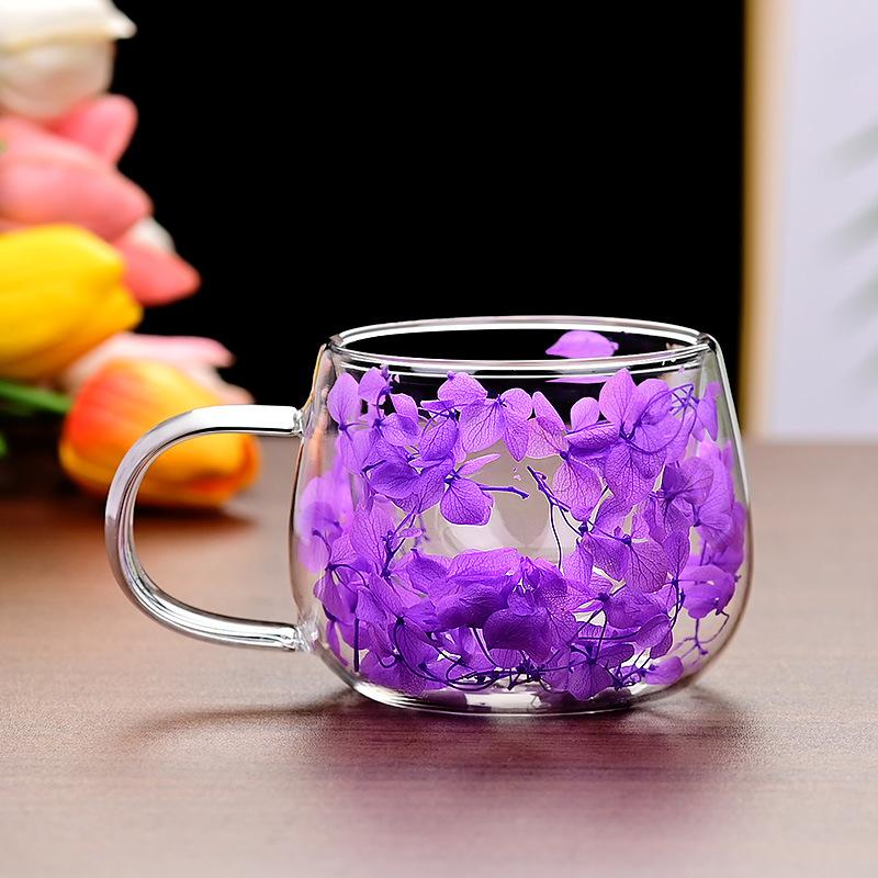 Getrocknete Blume doppelwandige Glas-Kaffeetasse, Einfache dicke Tasse mit Anti-Verbrühungs-Rand, Milchtasse, Umweltfreundlich, Hitzebeständig