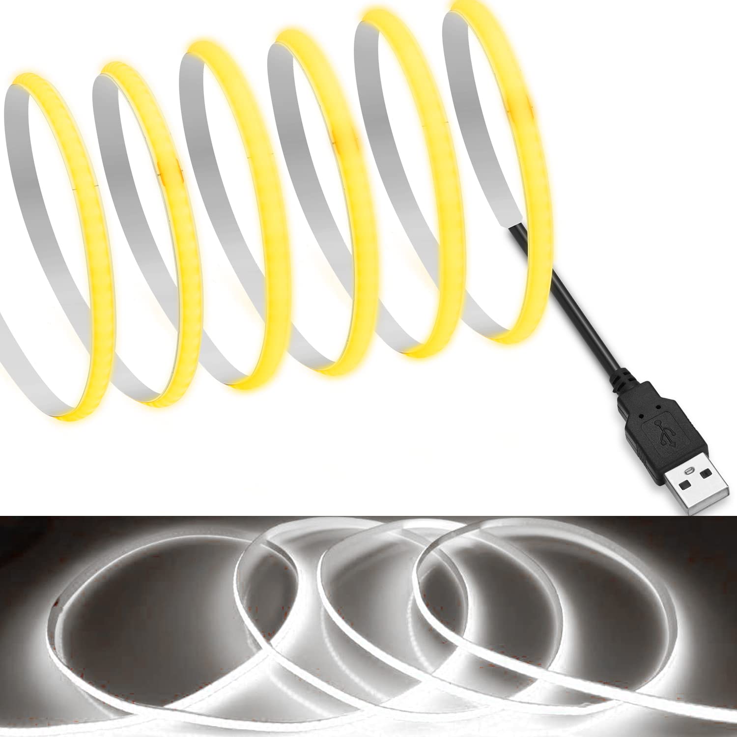 

[RYE] Flexible COB LED Strip Light, High-Density, 5mm Wide, 5m, 320 LEDsm, 6000K White Light, DC5V, 180° Illumination, CRI90, Double-Sided Tape,