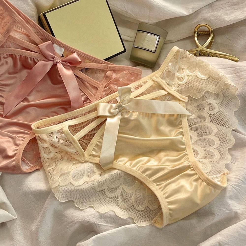 Bowknot Lace Mesh Briefs French Style Low Waist Underpants Fashion Satin Panties  Daily