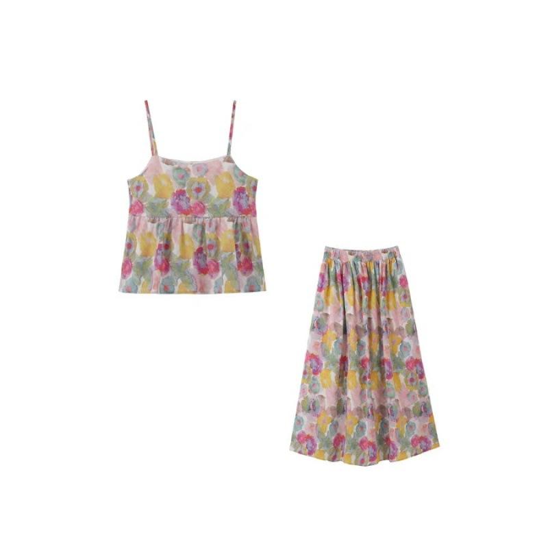 floral suit women s suspender top summer new skirt temperament skirt seaside vacation two-piece set S
