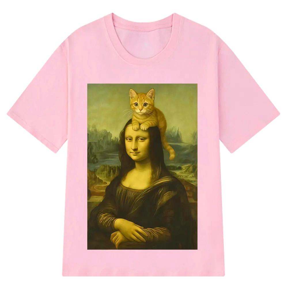 Cat Ahd Mona Lisa with Cat Funny Meme Print T Shirt Women Shortsleeved Harajuku Casual Tshirts Streetwear Tees Casual Clothes