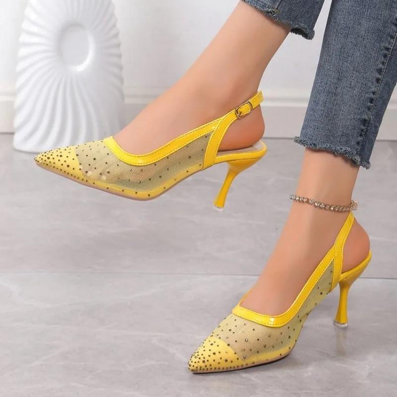Fashion Ladies Shoes 2025 Hot Sale Buckle Strap Women's High Heels Fashion Dress Summer New Mesh Crystal Best Seller Closed Toe Sandals