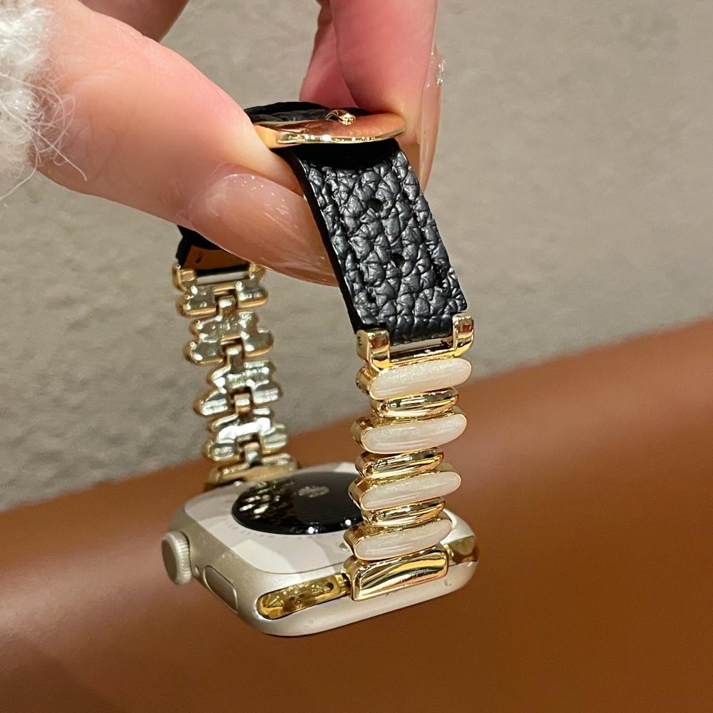 Women Luminous Moon White Beaded Lychee Grain Spliced Leather Slim Strap for Apple Watch Series12 11 10 SE1 2 3/Ultra4 3 2 38/42/44/45/49 mm