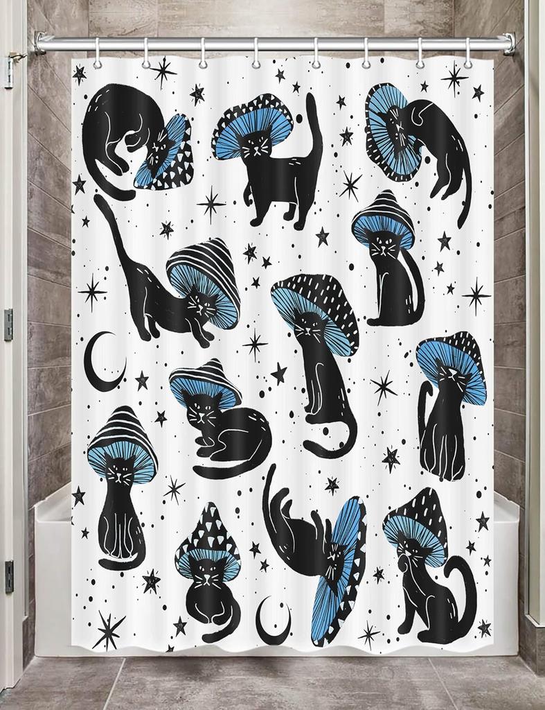 Cute Cat Shower Curtain, Funny Animal Cartoon Cat Floral Wildflower Black Fabric Shower Curtains Set for Bathroom Decorative
