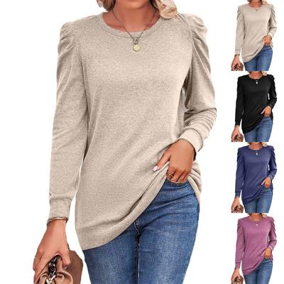 Damen Casual Mode Lockere Oberteile Puffärmel Rundhals Langarmtops