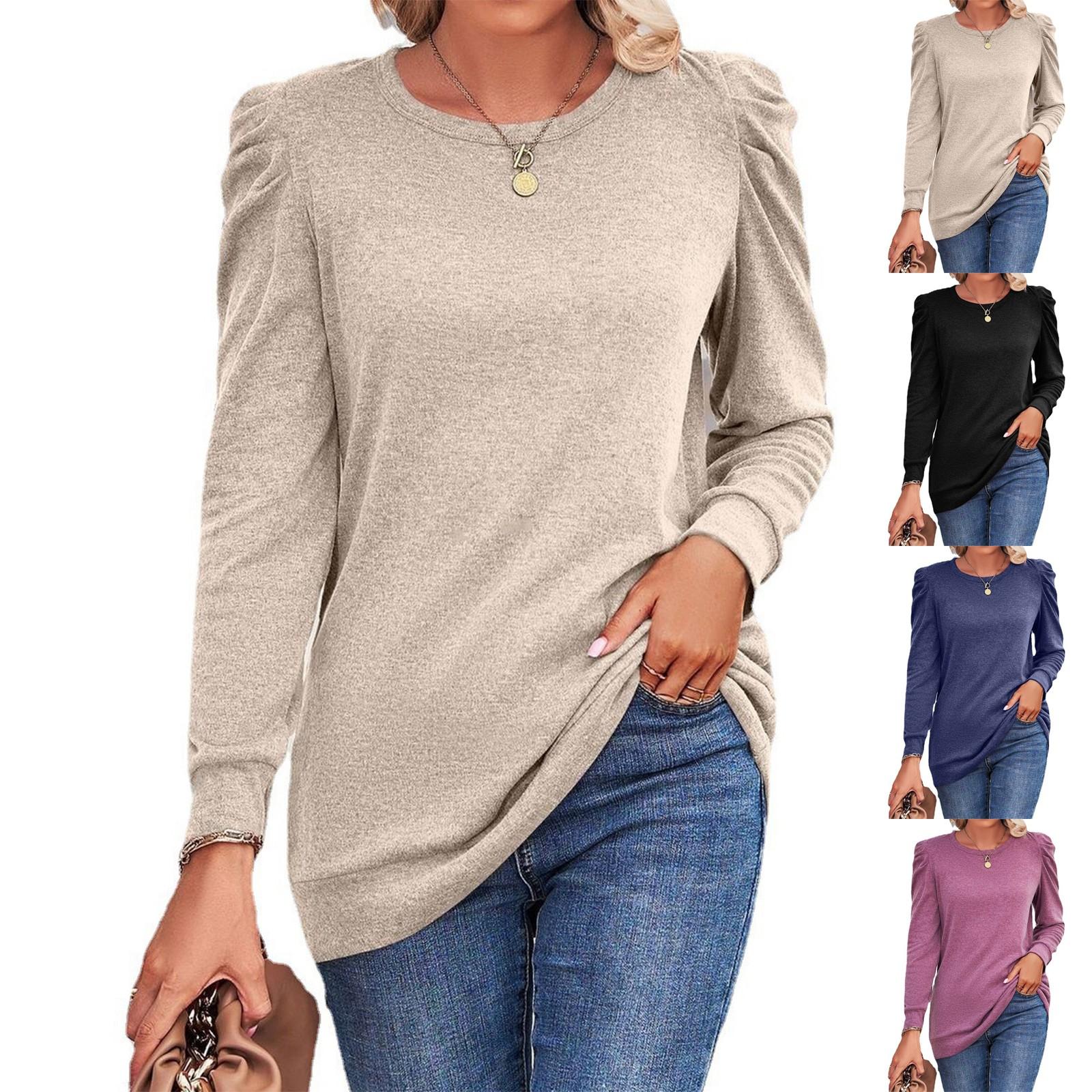 

Women s Casual Fashion Loose Tops Puff Sleeves Round Neck Long Sleeve Tops L чорний