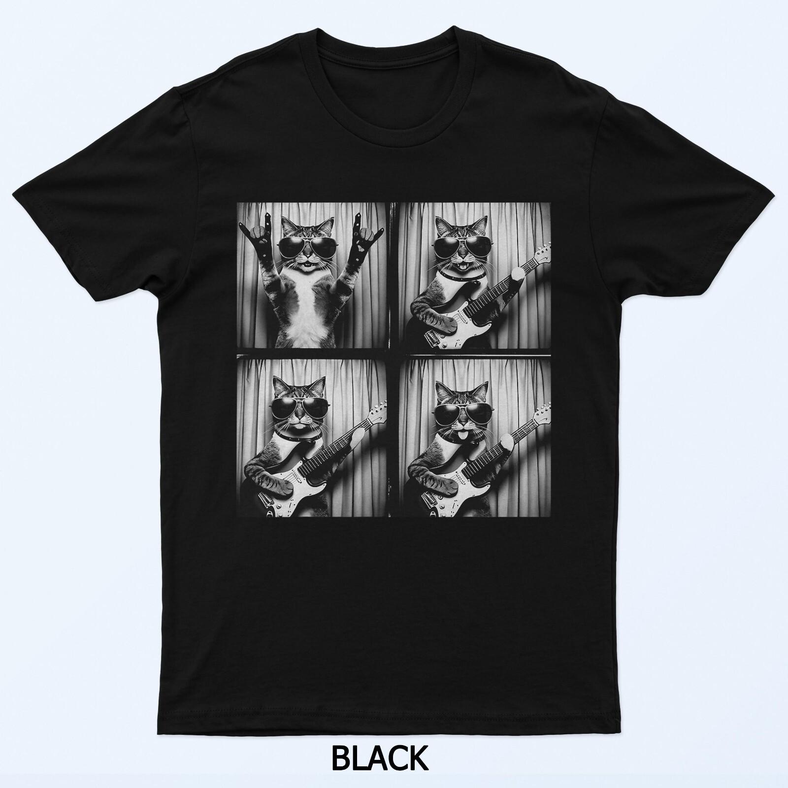 

Funny Cat Playing Guitar Photobooth Rock Music Silly Graphic T-Shirt L