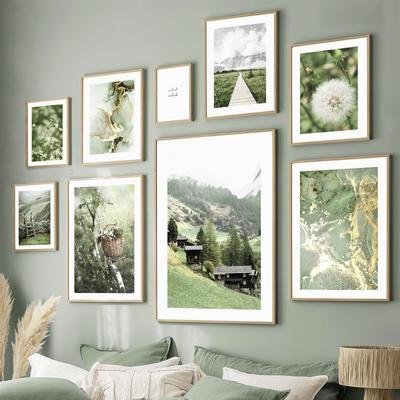 Toile d'art mural de maison de colline verte, fleur blanche de pissenlit, affiches et imprimés nordiques, images murales pour décor de salon