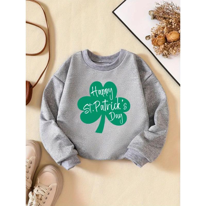 Kids Sweatshirt St. Patrick'S Day Crew Neck Sweatshirt, Slight Stretch, Loose Fit Alphabet Pattern Fashion Pullover for Daily Wear