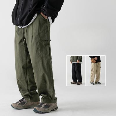Herenbroek in Japanse stijl, licht gekreukt, werkkleding, lente herfst, outdoor, losse casual plooibroek, lange broek met trekkoord
