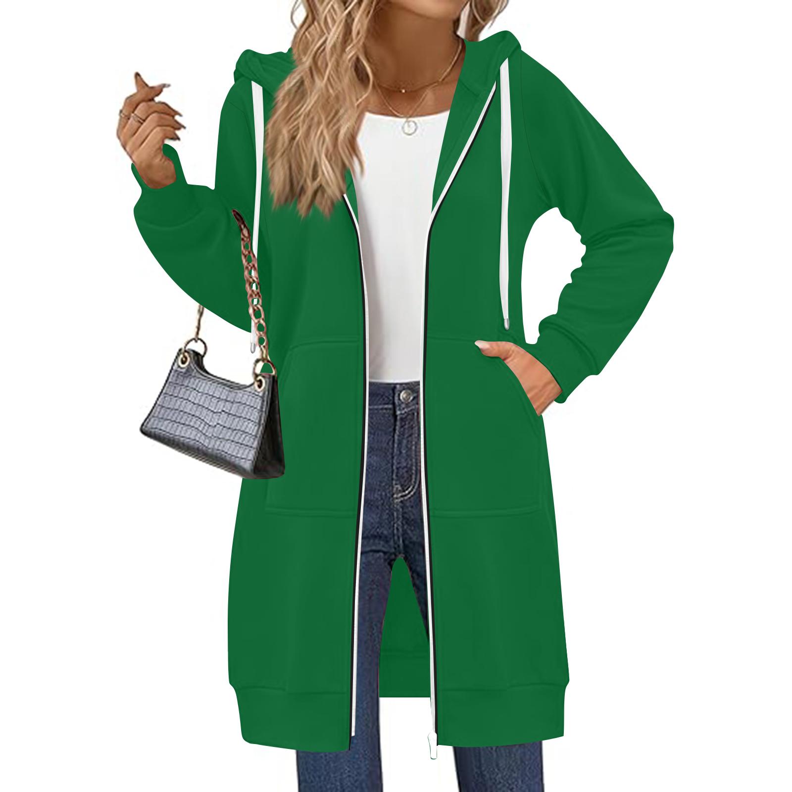 Women s Color Slim Fit Zipper Round Neck Long Sleeve Loose Hooded Mid Length Coat S зелёный