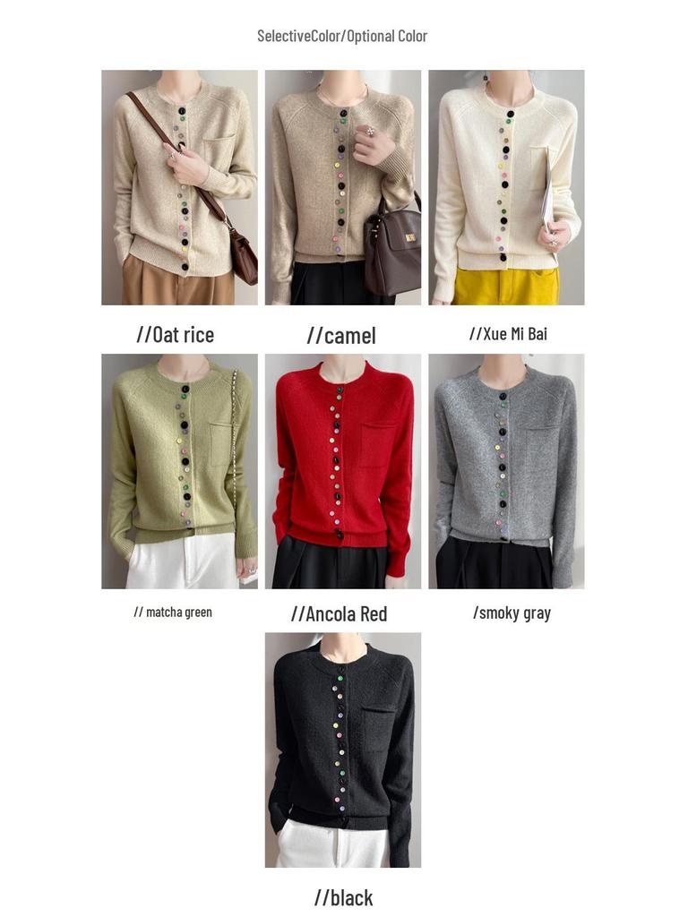 Colorful Button Cardigan: Spring Fashion, Versatile Round Neck, Long Sleeve Knit for Women