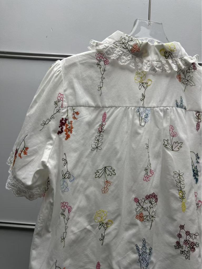 French Floral Embroidered Lace-Trim Lapel Short-Sleeve Loose Shirt for Women