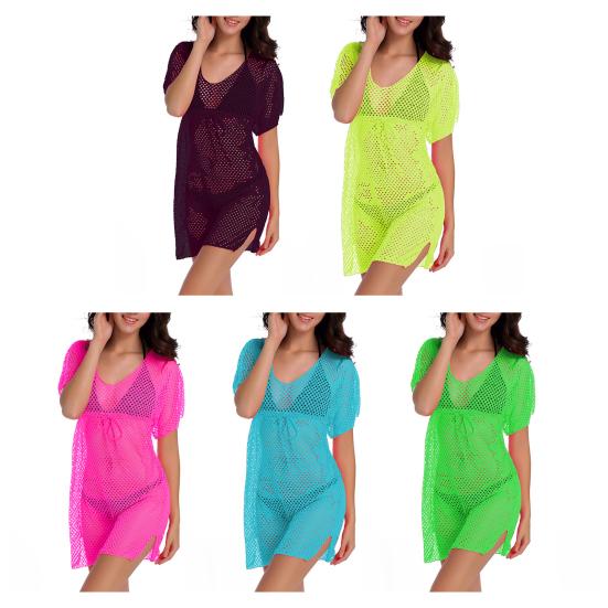 Cover Up, Drawstring Breathable Mesh Fabric, Swimsuit Short Sleeve Side Slit Design, Beach Dress for Summer Beach