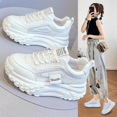 Miękka skóra gruba podeszwa popularne buty taty damskie wysokość zwiększona o 5 cm wiosna i jesień siateczkowe oddychające sportowe casualowe białe buty
