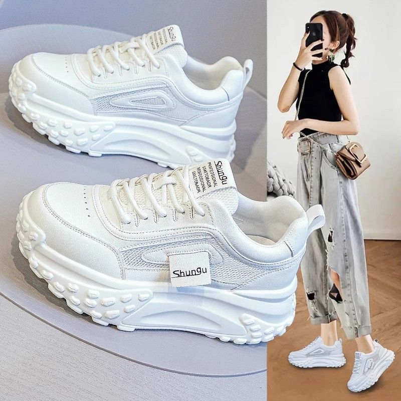 Soft leather thick-soled popular dad shoes women's height increased by 5cm spring and autumn mesh breathable sports casual white shoes