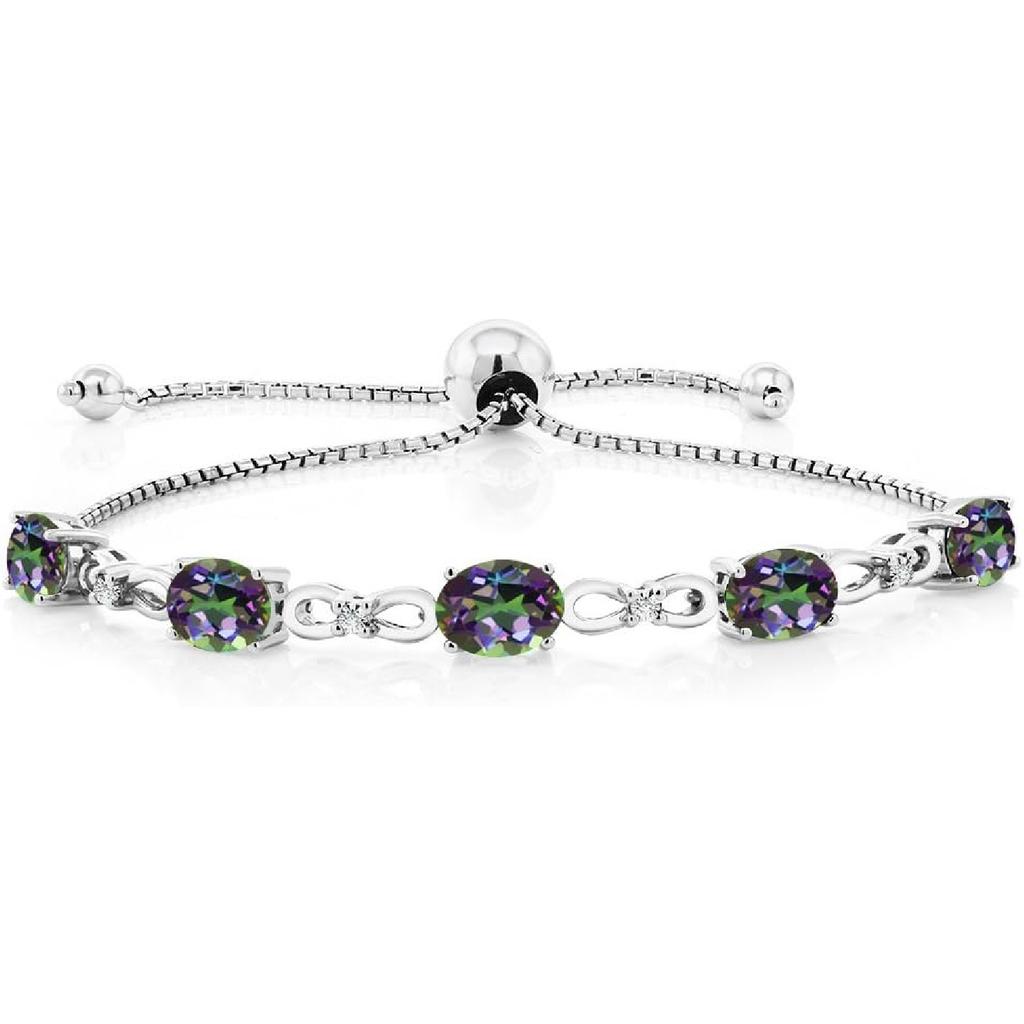 Gem Stone King 3-6 Cttw Gemstone Birthstone and Accent Lab Grown Diamond Tennis Bracelet For Women | 925 Sterling Silver | 7X5MM Oval | Adjustable