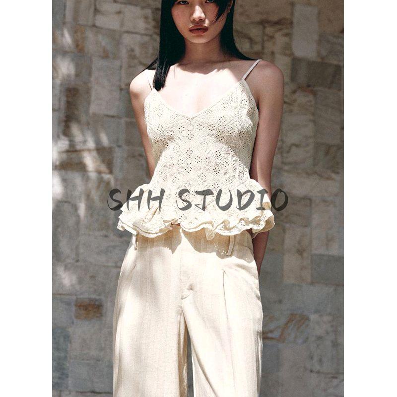 Summer New Product Women's Clothes Sweet Style Cut Out Embroider Short Skirt Hem V-neck Strap Tops 0085159