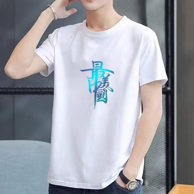 2024 Sommer neues kurzärmliges T-Shirt aus gekämmter Baumwolle für Herren im Trend mit lockerem Ins-Print und Rundhalsausschnitt mit halben Ärmeln