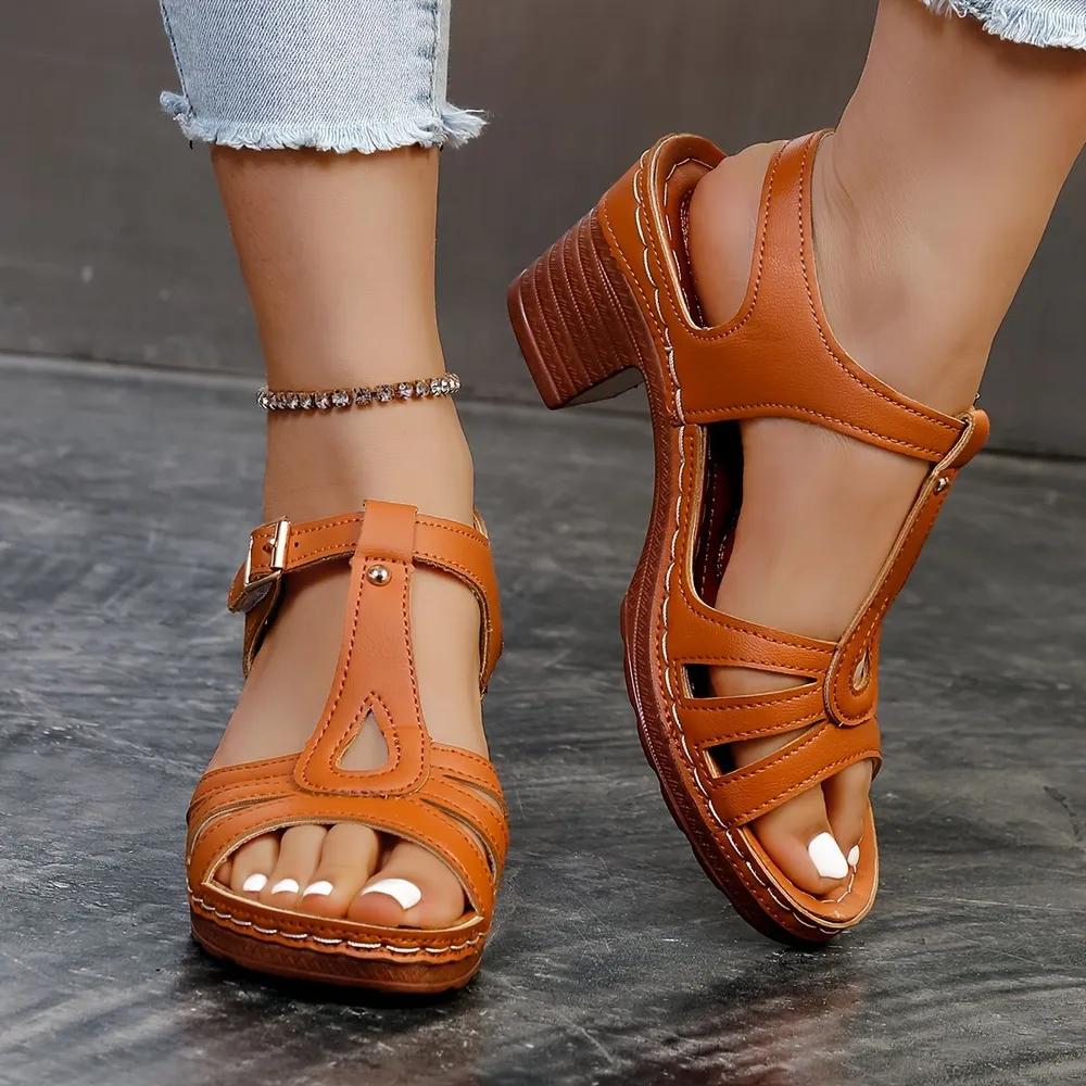Women High Heels Sandals Light PU Leather Sandals Summer Open Toe Fish Mouth Sandal Fashion Thick Heels Women Platform Sandalias