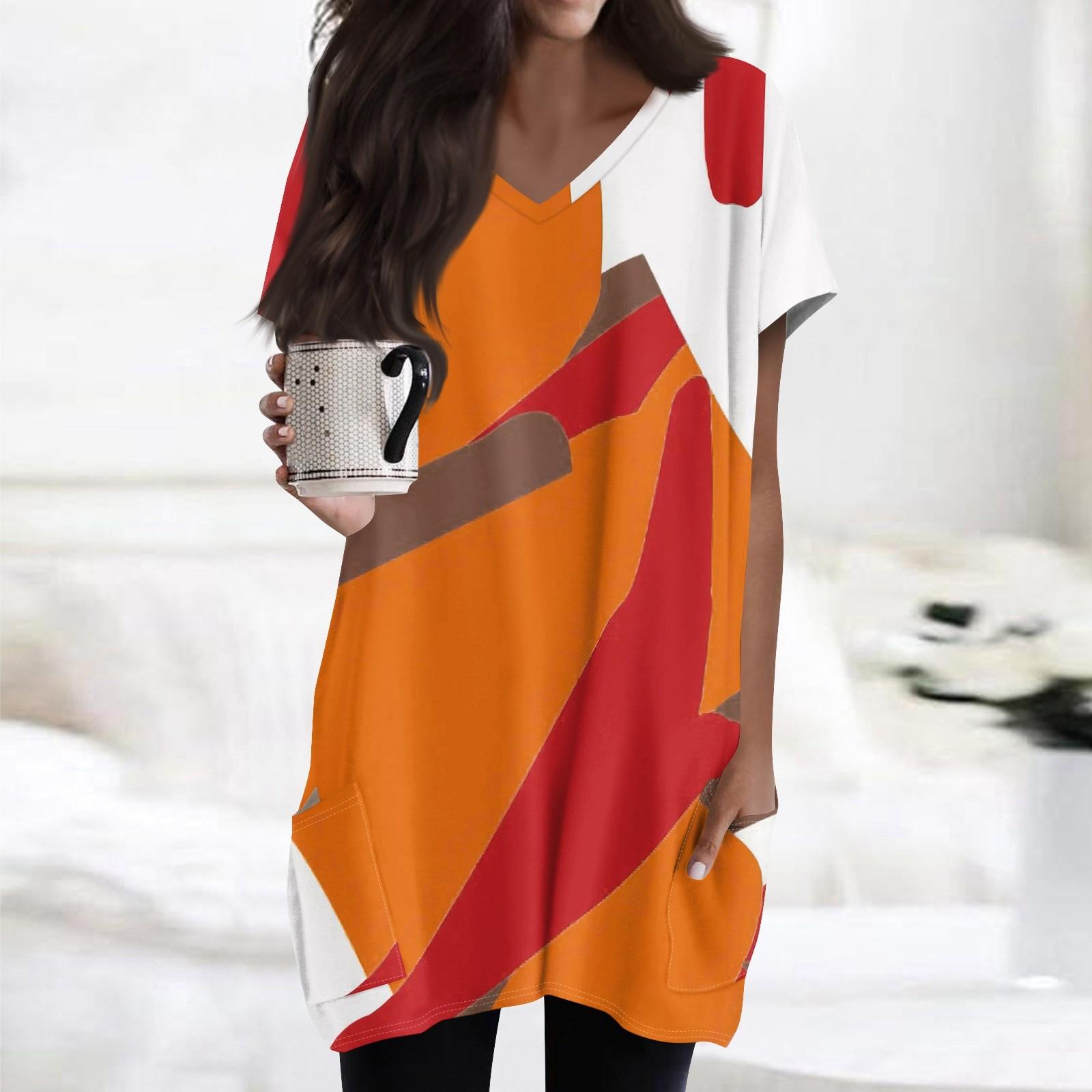 

Жіночі топи з V-подібним вирізом і короткими рукавами, повсякденні сорочки середньої довжини, модні туніки з принтом і кишенями XXL помаранчевий