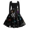 Women's Fashion Retro Long-sleeved Square Collar Christmas Printed Evening Dress