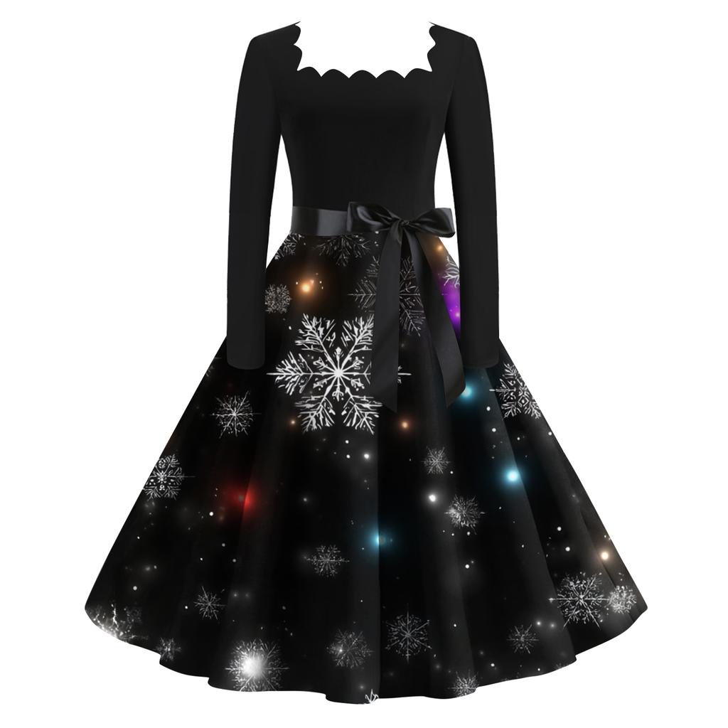 Women's Fashion Retro Long-sleeved Square Collar Christmas Printed Evening Dress