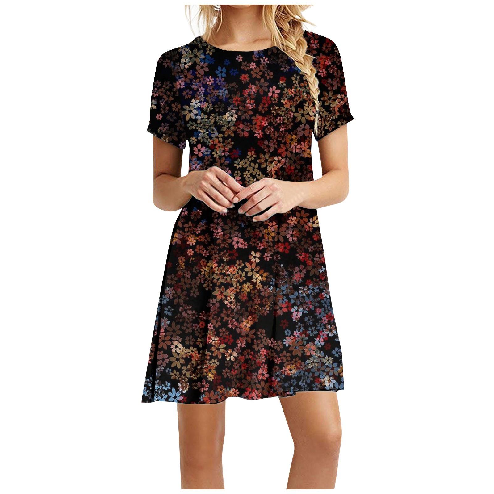 

Женское модное повседневное универсальное летнее платье в стиле ретро с круглым вырезом и коротким рукавом XL чёрный