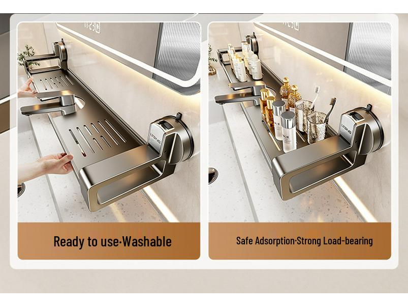 Wall-Mounted Bathroom Shelf with Mirror and Faucet Suction Cup Holder