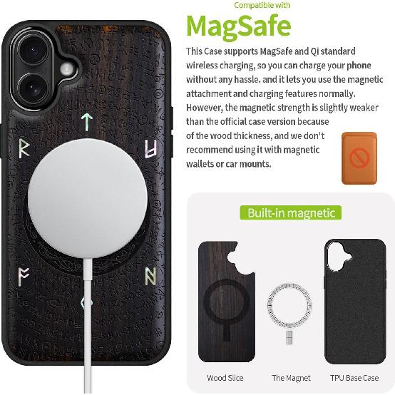 Carveit Magnetic Case for iPhone 16 Plus Case, Wood Artisan Engraved & Handmade Shell Inlaid, TPU Shockproof Cover, Compatible with MagSafe Wireless