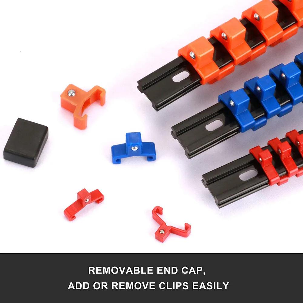 ABS Socket Organizer 1/2 Inch 3/8 Inch and 1/4 Clip Drive Socket Rail Holders Heavy Duty Socket Racks  with Red Blue Black Clips
