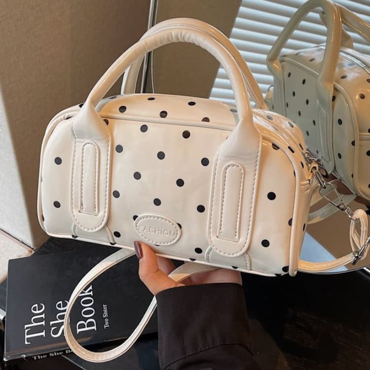 

Лакированная сумка-тоут в горошек Boston для женщин, сумка через плечо белый