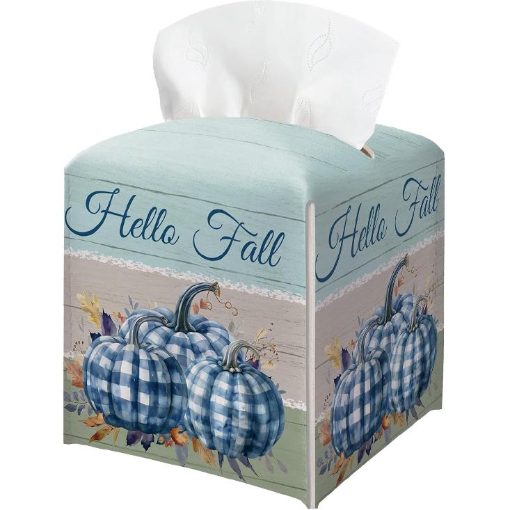 Floral Tissue Box Holder, Fall Florals Leather Tissue Box Cover Square, Autumn Facial Paper Organizer Dispenser Toilet Paper Holder for Bathroom Blue01