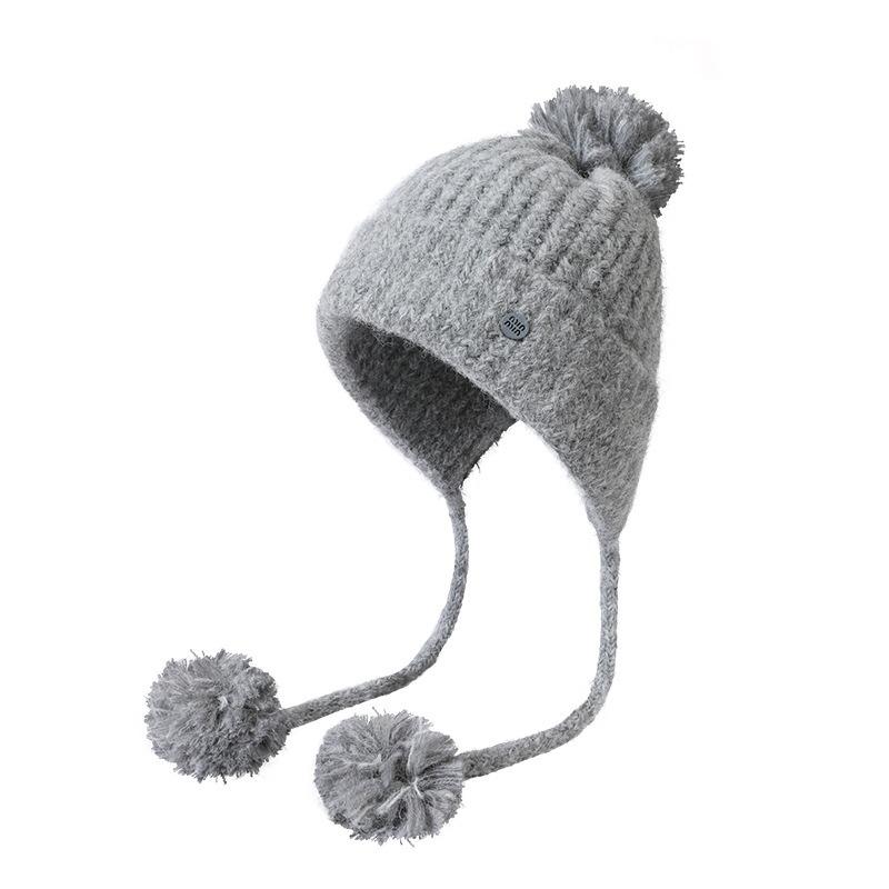 Hairball Solid Color Lace-up Knitted Hat Warm and Cold Hat Women's Winter Outdoor Ear Protection Ski Casual Pullover Hat
