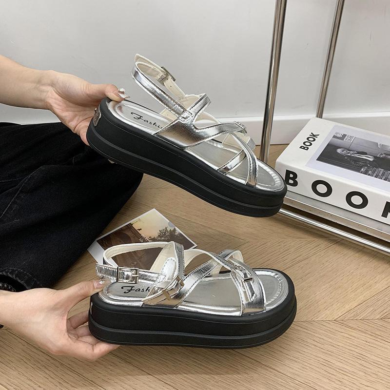 Popular Internet celebrity retro silver platform word cross sandals women 2025 new high sense heightened Roman sandals