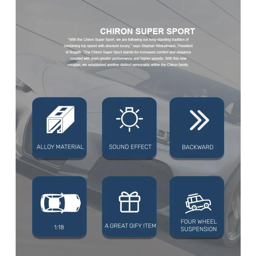 1/18 Bugatti Chiron Supercar Alloy Diecast Toy Scale Car Model Sound and Light Miniature Vehicle Children's Toy Collection Decorative Gift