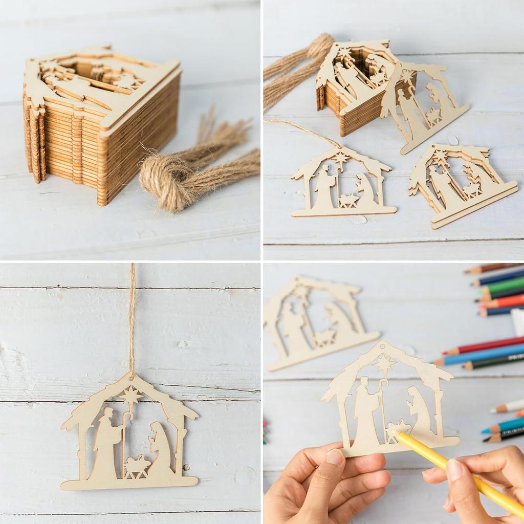 House Shape Wood Chips Nativity Scene Decoration, Wooden Manger Shape Manger Wooden Art Ornament With Rope Exquisite Decoration