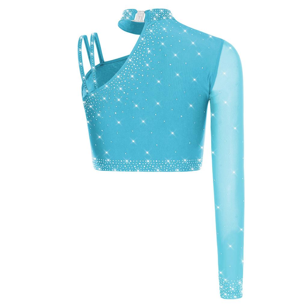Womens Latin Dance Crop Top Single Long Sleeve Asymmetrical Shoulder Sparkly Rhinestone Top Belly Dancewear