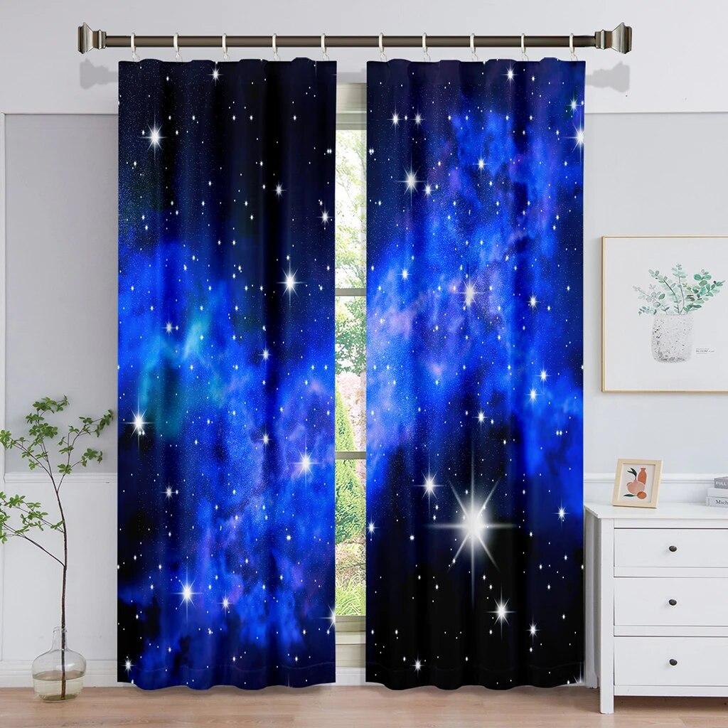3D Moderne Blå Planet Nattehimmel Galaktisk Stjerne Romvesener Barn 2 Deler Gratis Frakt Skyggeleggende Vindusgardin For Stue Soverom