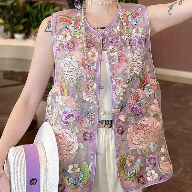 

Стильный вышитый жилет универсальный летний новый 2025 топ ретро тонкий жилет модный 3XL (recommended 138-75kg)