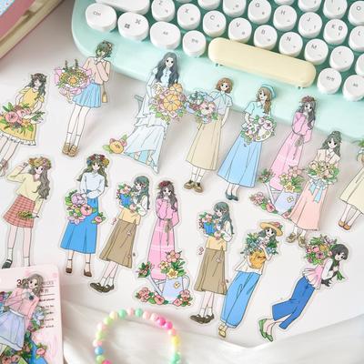 30 Sheets Girl Holding Flowers Character Stickers Kawaii Anime Style Self-Adhesive For Journal Scrapbook DIY Decoration